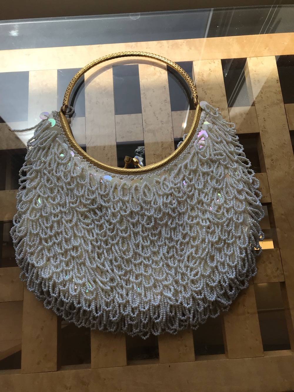 After Five Pearl Beaded Loops & Iridescent White Sequins w/ gold Handle Clutch.